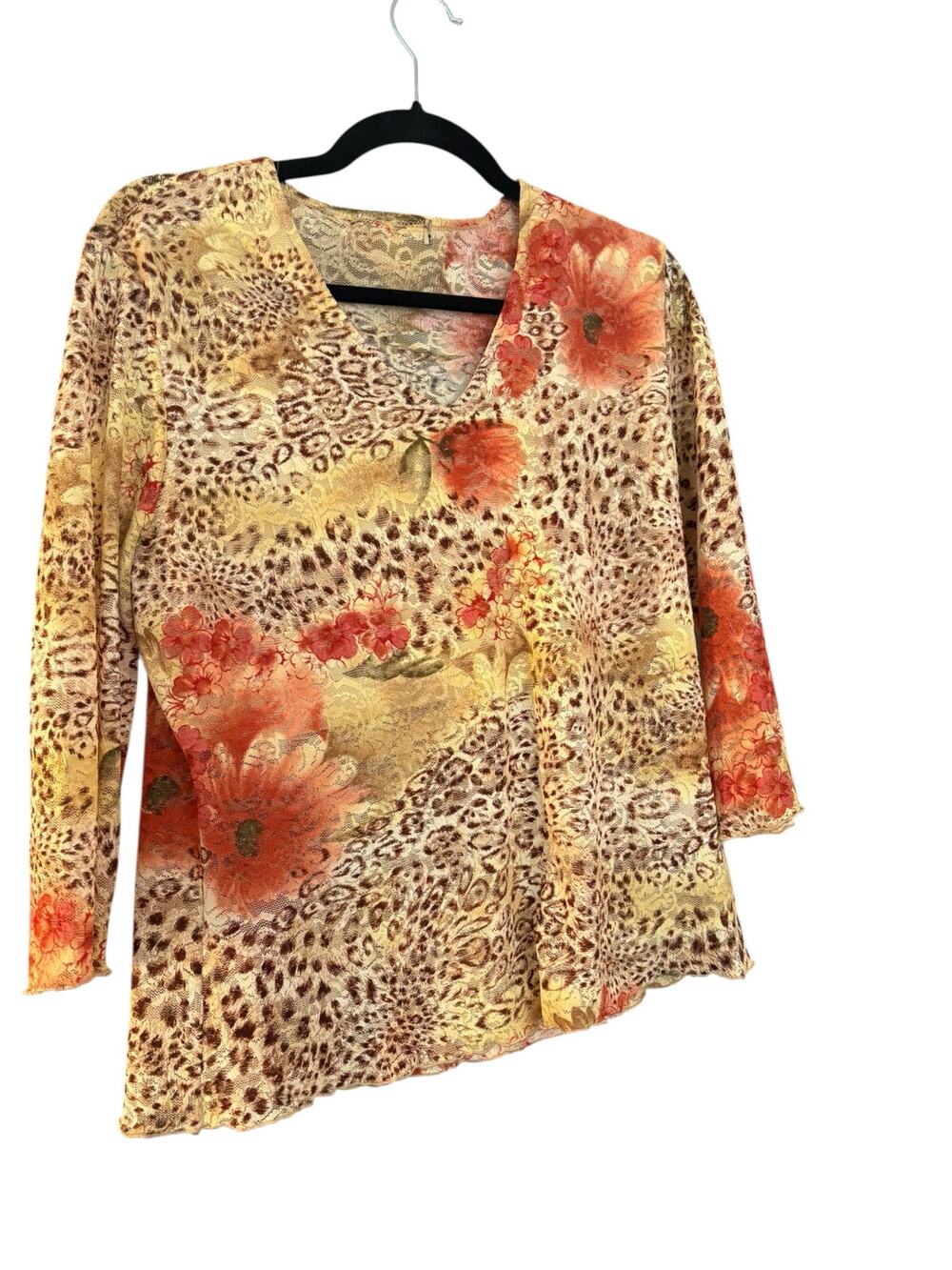 Y2K Floral & Cheetah Print Lace Top Asymmetric Hem  3/4 Sleeve Vintage Whimsy